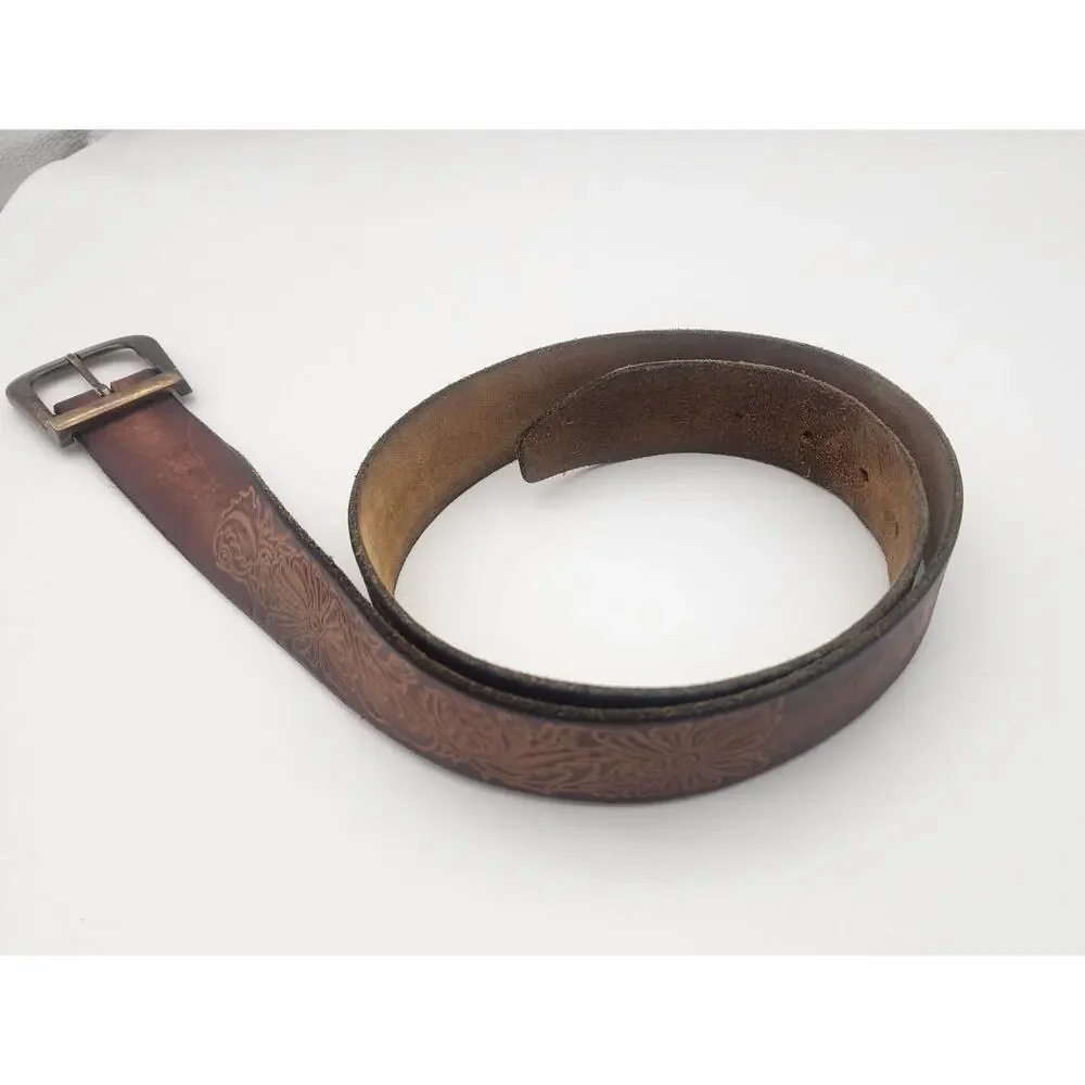 Vintage Leather Belt Size 40 with Ornate Floral Leather Work and HONDA Etching